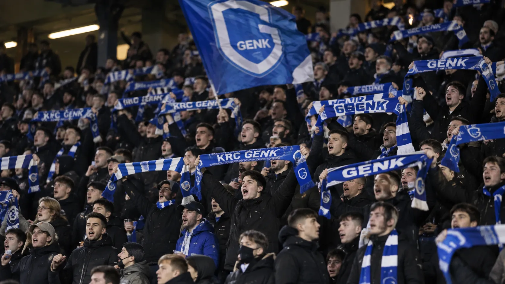 Een groep KRC Genk-supporters met blauwe sjaals op de tribune.
