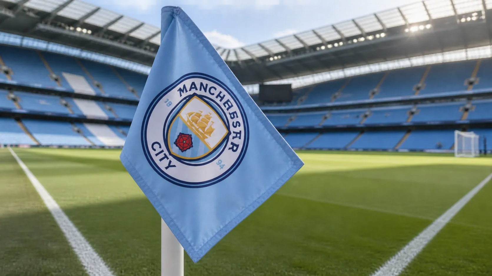 Een Manchester City-cornervlag naast een leeg voetbalveld.