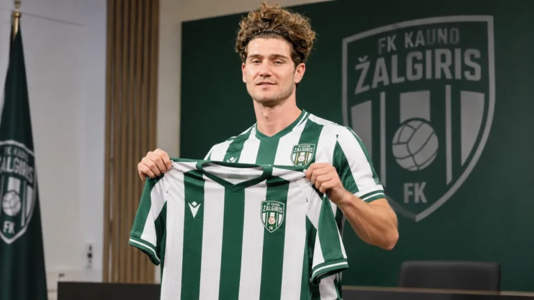 Anton Tanghe toont het shirt van FK Kauno Zalgiris tijdens een officiële clubpresentatie.