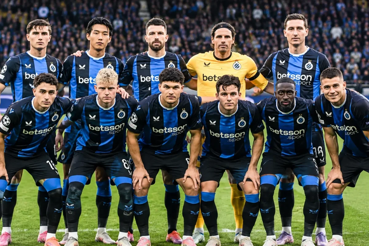 Een groep spelers van Club Brugge in blauw-zwarte tenues poseert in een stadion.
