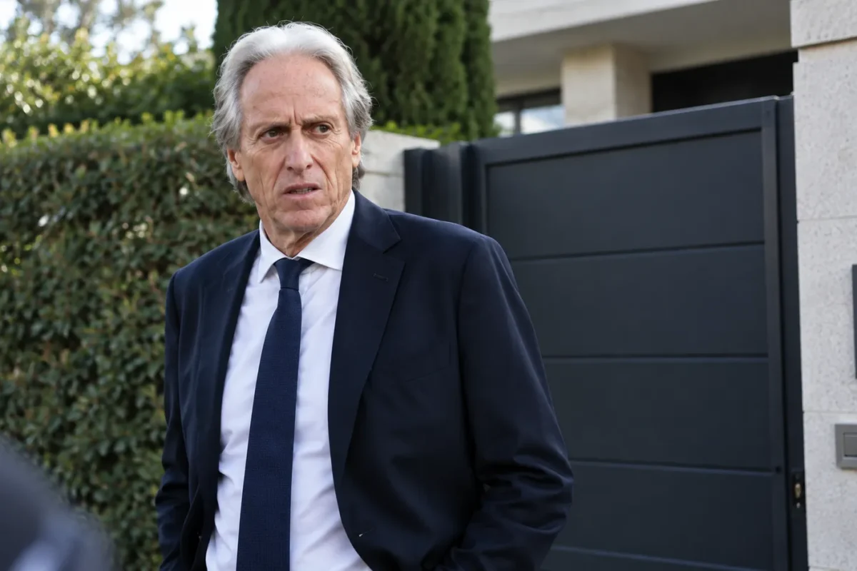 Jorge Jesus in donker pak bij de toegang van zijn woning.
