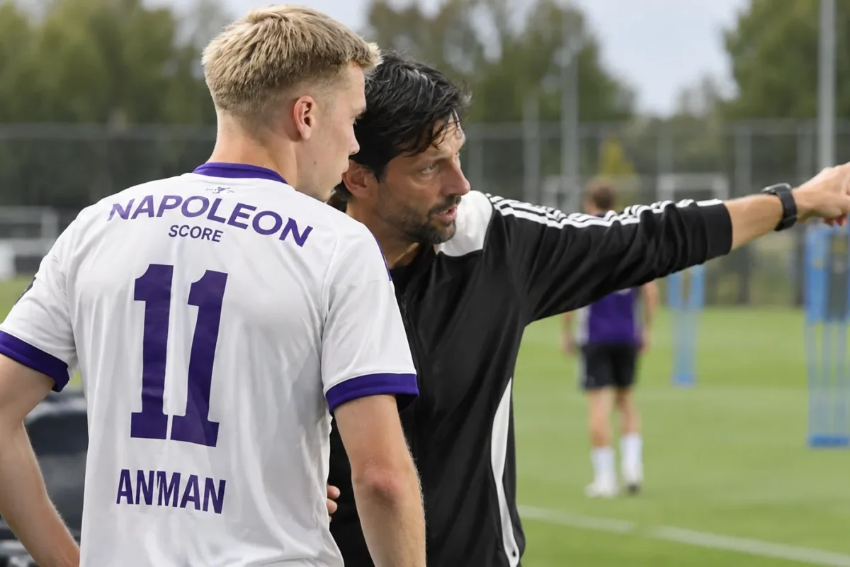 Een Anderlecht-trainer geeft langs het veld instructies aan een speler in een wit-paars shirt.