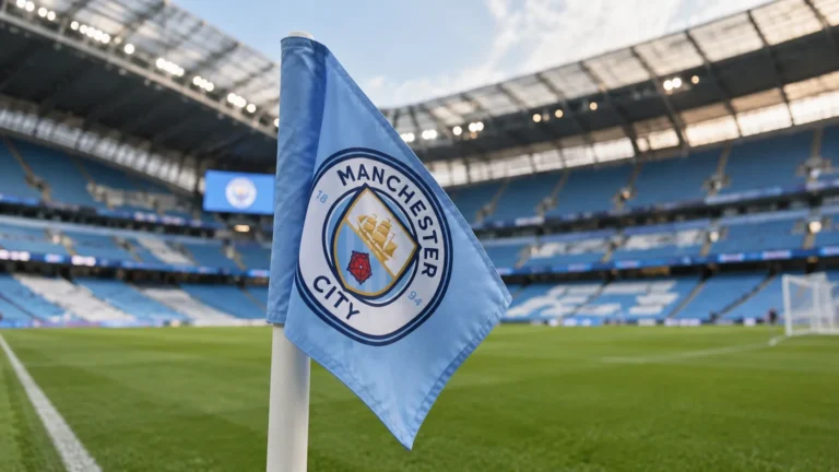 Een lichtblauwe Manchester City-hoekvlag naast het voetbalveld in een stadion.