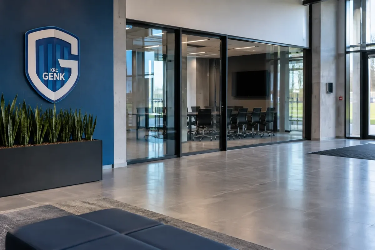 Lege inkomhal van de jeugdacademie van KRC Genk met een clubembleem op een vaste wandplaat.