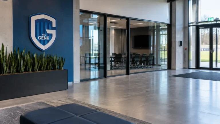 Lege inkomhal van de jeugdacademie van KRC Genk met een clubembleem op een vaste wandplaat.