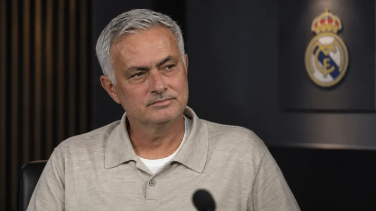 José Mourinho tijdens een interview in een mediaomgeving van Real Madrid.