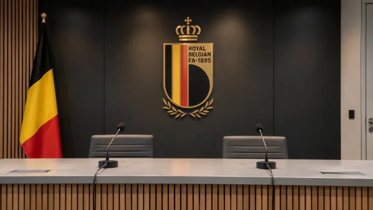 Lege interviewruimte van de KBVB met een embleem op de achterwand.