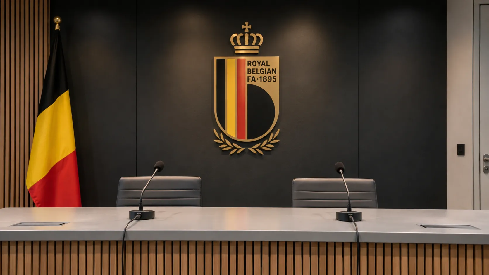 Lege interviewruimte van de KBVB met een embleem op de achterwand.