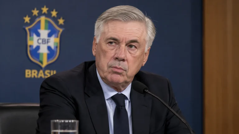 Carlo Ancelotti in een persruimte van de Braziliaanse nationale ploeg.