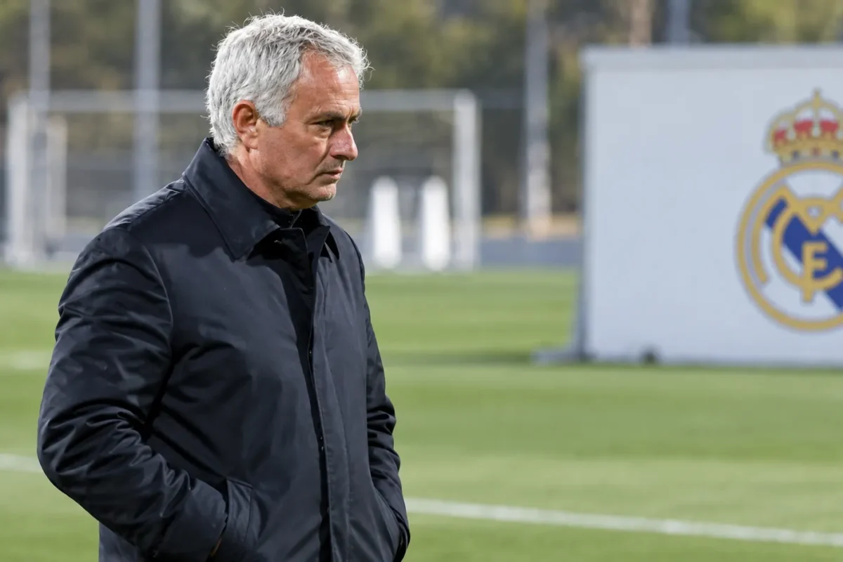 José Mourinho kijkt vanaf de zijlijn uit over een trainingsveld van Real Madrid.