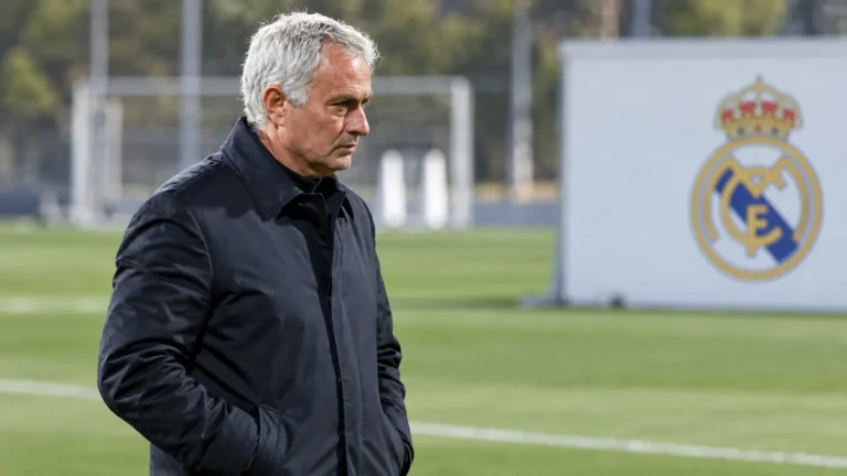 José Mourinho kijkt vanaf de zijlijn uit over een trainingsveld van Real Madrid.