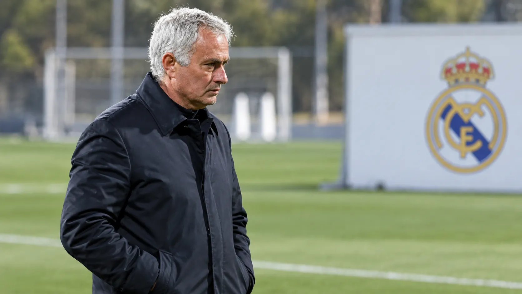 José Mourinho kijkt vanaf de zijlijn uit over een trainingsveld van Real Madrid.