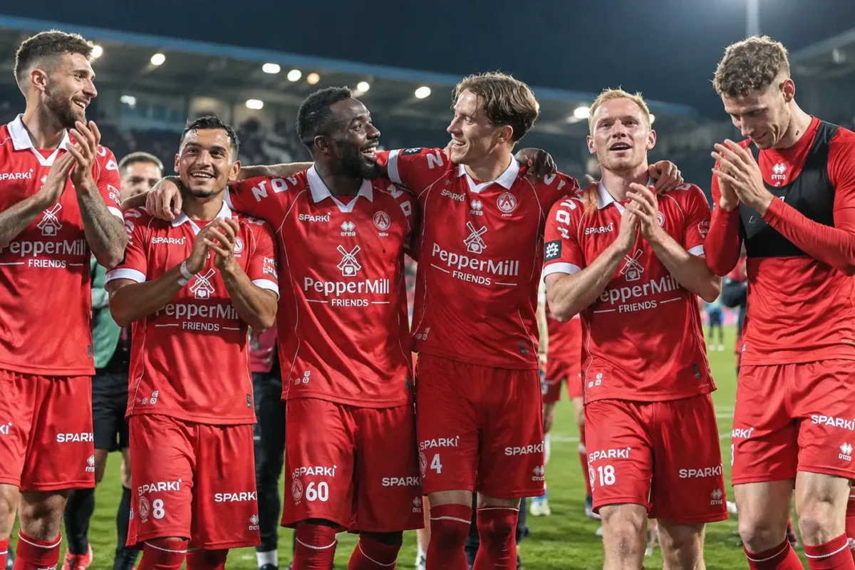 Een groep voetballers in rode tenues viert samen op het veld onder stadionlichten.