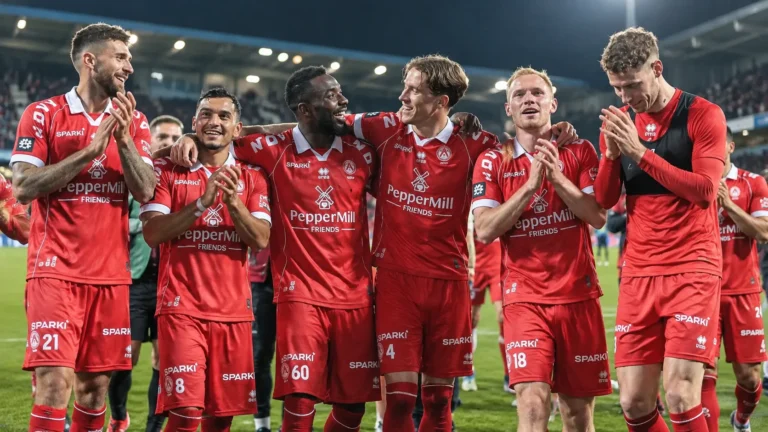 Een groep voetballers in rode tenues viert samen op het veld onder stadionlichten.