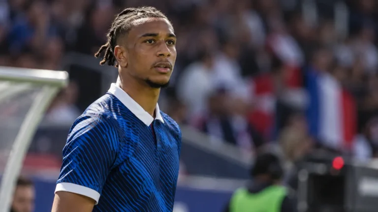 Michael Olise in een donkerblauw nationaal tenue aan de zijlijn van een voetbalstadion.