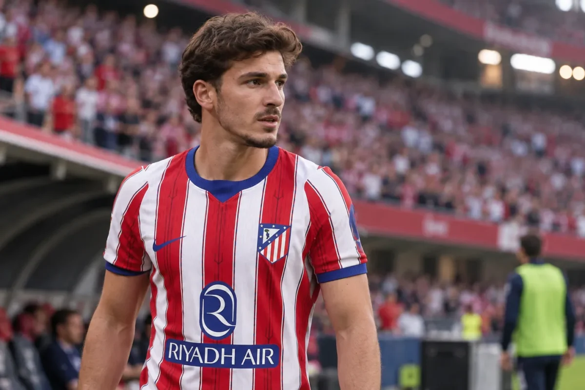 Shai Gilgeous-Alexander in Atlético Madrid-kleding aan de rand van een voetbalveld.