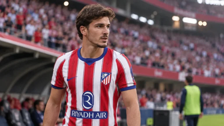 Shai Gilgeous-Alexander in Atlético Madrid-kleding aan de rand van een voetbalveld.