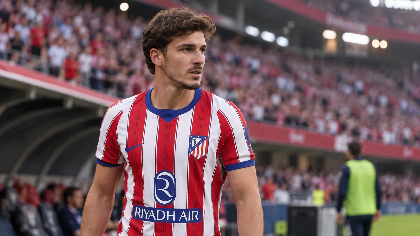 Shai Gilgeous-Alexander in Atlético Madrid-kleding aan de rand van een voetbalveld.