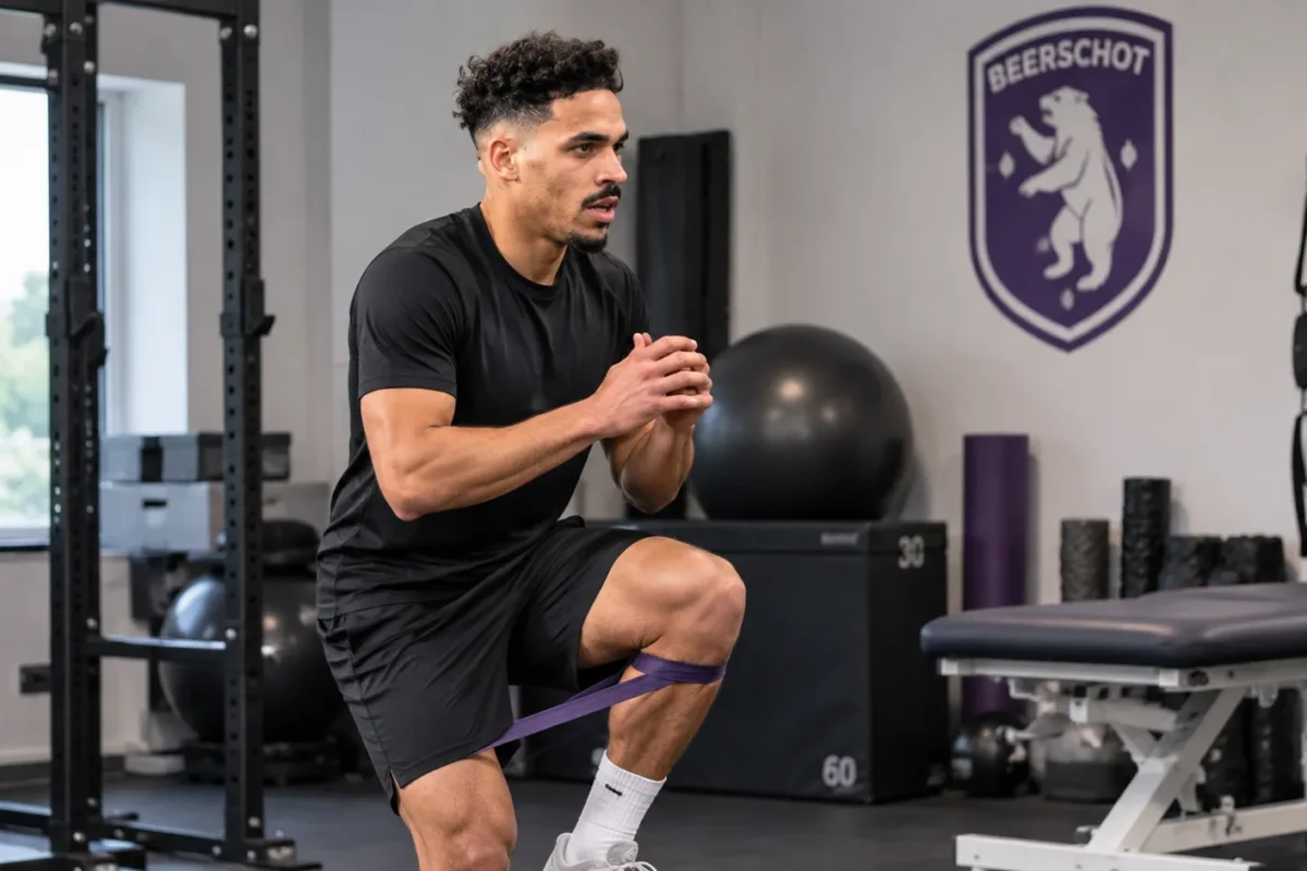 Marco Weymans tijdens een gecontroleerde knieoefening in een revalidatieruimte van Beerschot.