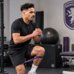 Marco Weymans tijdens een gecontroleerde knieoefening in een revalidatieruimte van Beerschot.