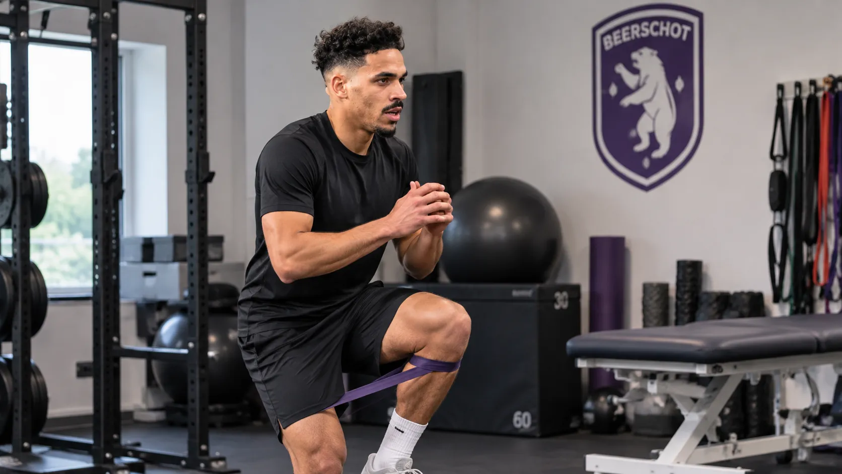Marco Weymans tijdens een gecontroleerde knieoefening in een revalidatieruimte van Beerschot.