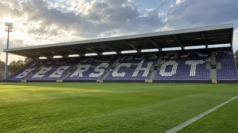 Lege tribune met paars-witte Beerschot-belettering op het Kiel.