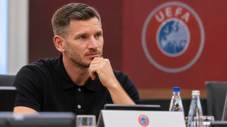 Jan Vertonghen tijdens een professionele UEFA-opleidingssessie aan een seminartafel.