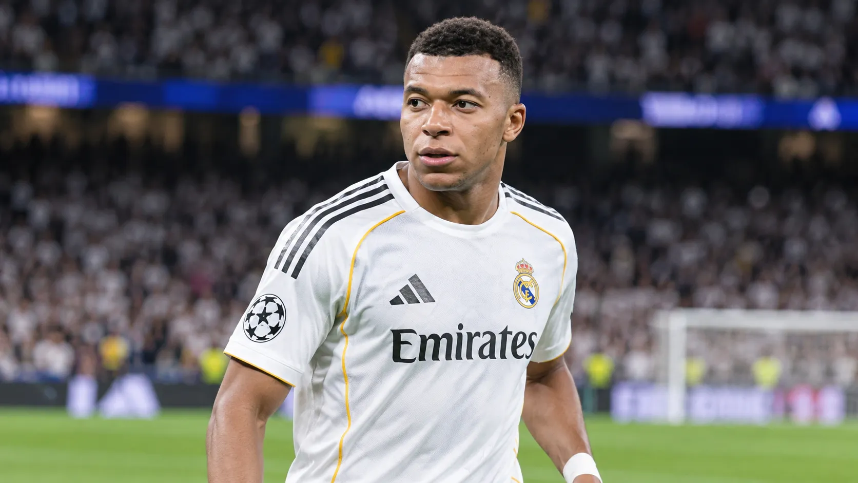 Kylian Mbappé in het shirt van Real Madrid op het grasveld.