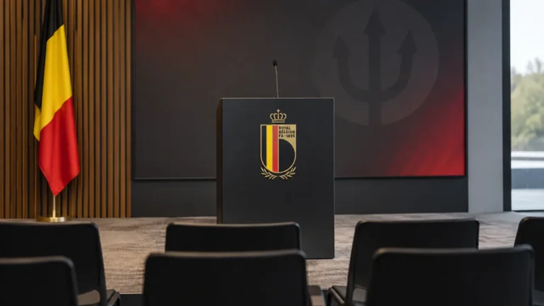 Lege persruimte van de Rode Duivels met een lessenaar voorzien van het nationale embleem.