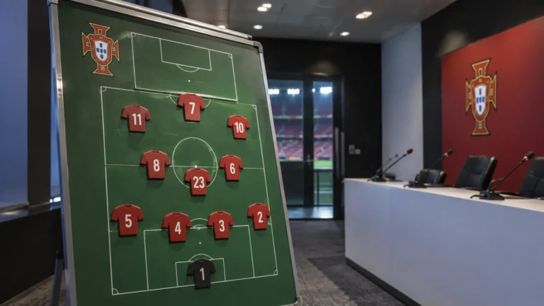 Een officieel Portugese opstellingsbord met rugnummer 7 in de mediaruimte van het stadion.