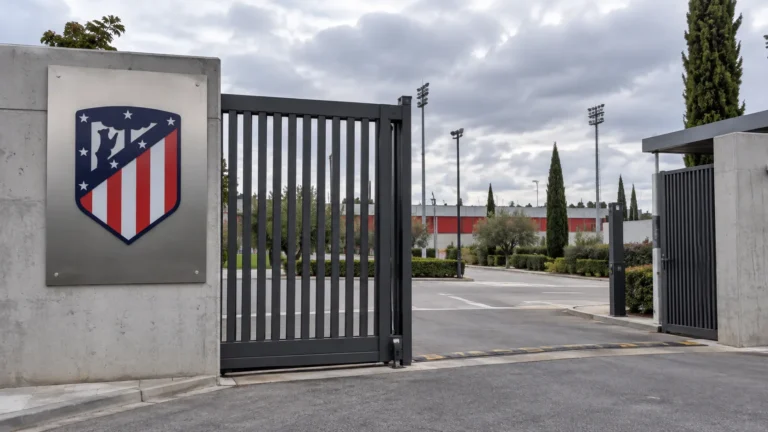 De lege ingang van een trainingscomplex van Atlético Madrid met een fysiek geïntegreerd clubembleem.