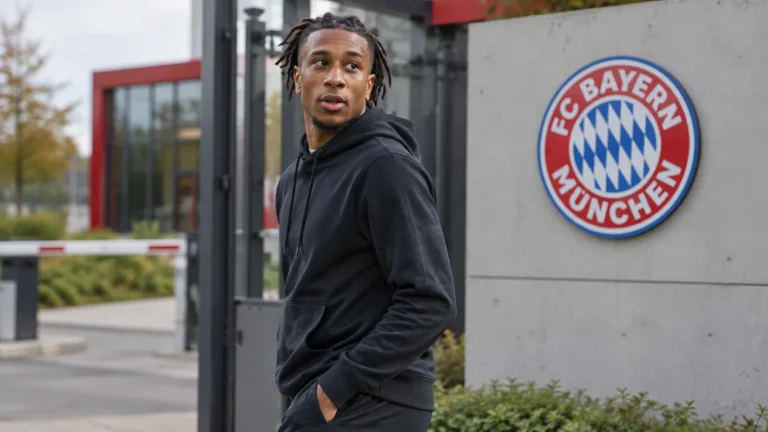 Michael Olise in neutrale sportkleding bij de ingang van het trainingscomplex van Bayern München.
