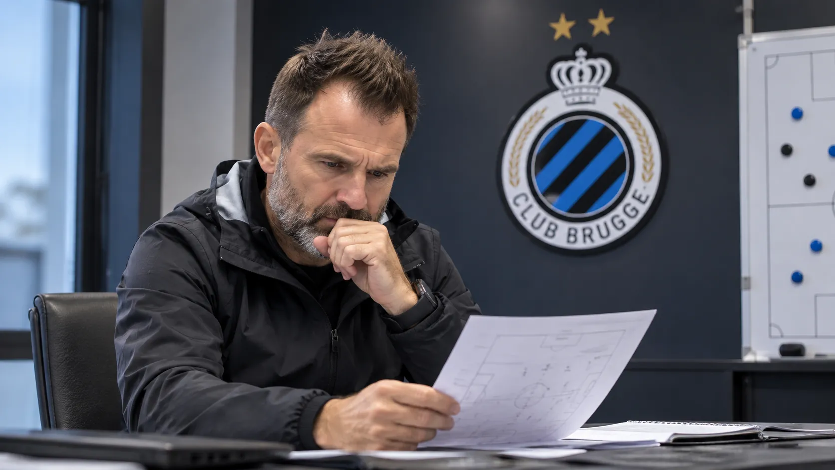 Ivan Leko bekijkt een selectiedocument in een technische ruimte van Club Brugge.