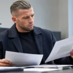 Toby Alderweireld bekijkt documenten in een operationele clubruimte.