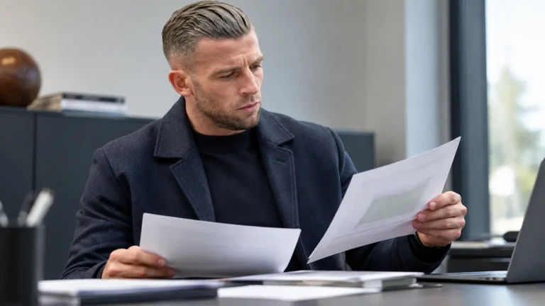 Toby Alderweireld bekijkt documenten in een operationele clubruimte.