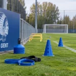 Leeg oefenveld van KAA Gent met herstelmateriaal en een clubbord naast de zijlijn.