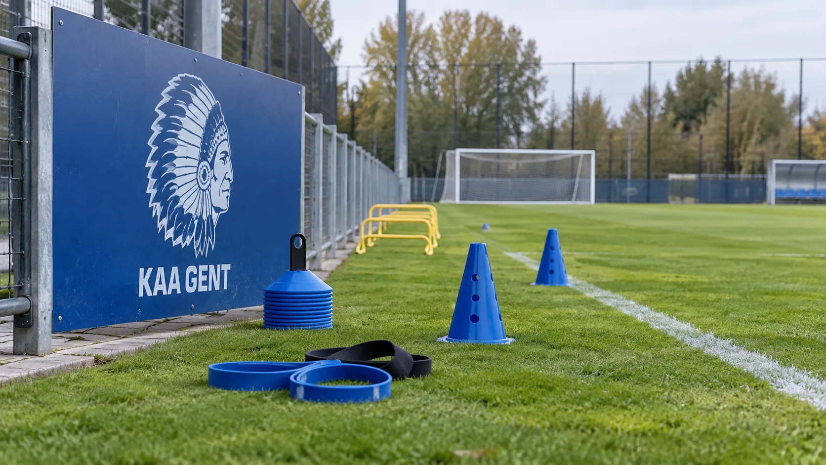 Leeg oefenveld van KAA Gent met herstelmateriaal en een clubbord naast de zijlijn.