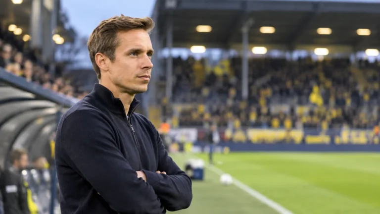 David Hubert staat geconcentreerd langs de zijlijn in een stadion.