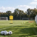 Leeg trainingsveld met verdedigingsmannequins en een vast Royal Antwerp-embleem langs het veld.
