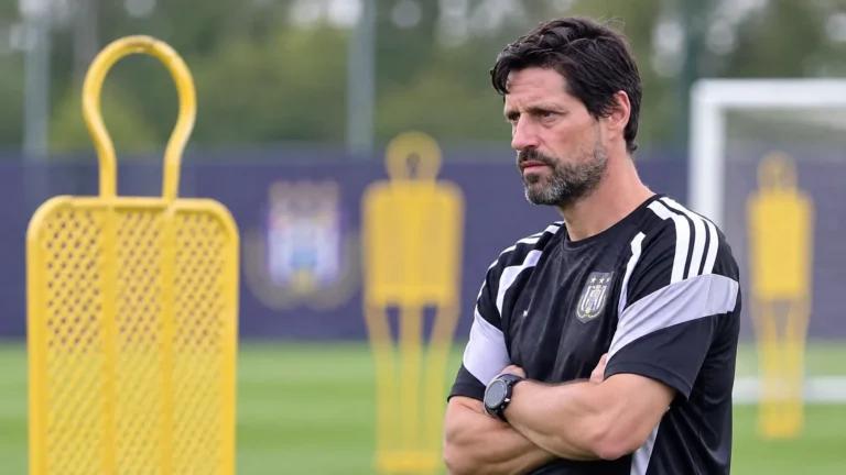 Vitor Bruno kijkt op het trainingsveld van Anderlecht naar oefenmateriaal.