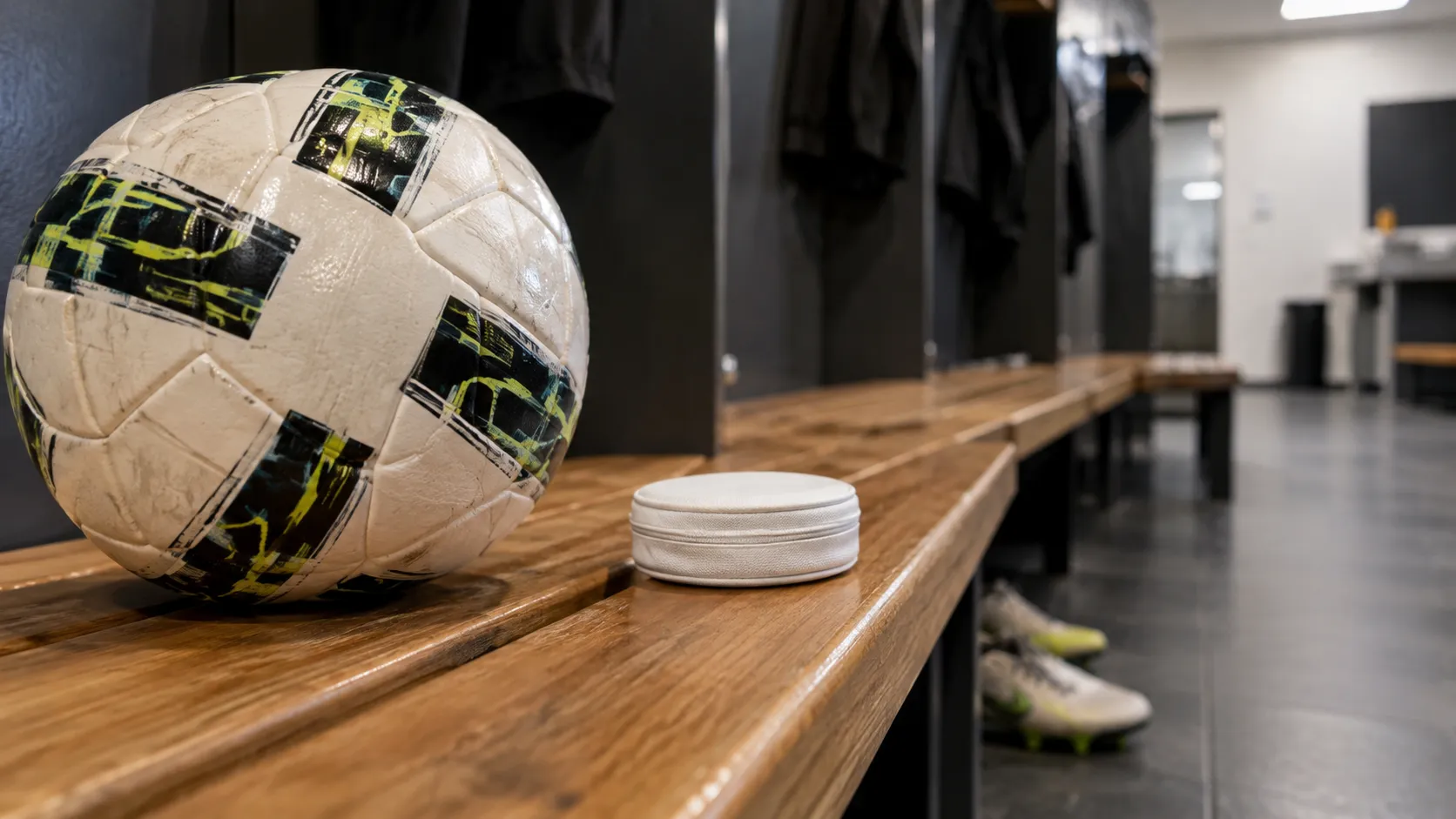 Een voetbal en een gesloten, onbedrukt nicotinezakje op een houten bank in een lege kleedkamer.