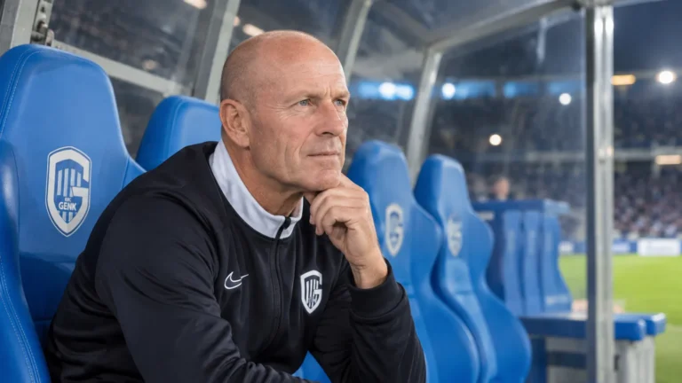 Een coach in een donkere jas zit in een blauwe stadiondug-out.