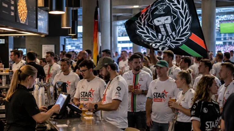 Een groep supporters bestelt aan een stadiontoog met een betaalterminal.