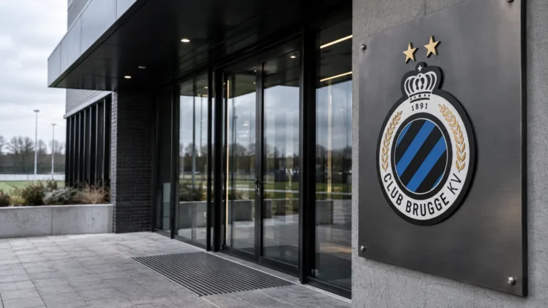 Lege ingang van een Club Brugge-clubgebouw met een clubembleem op een metalen gevelplaat.