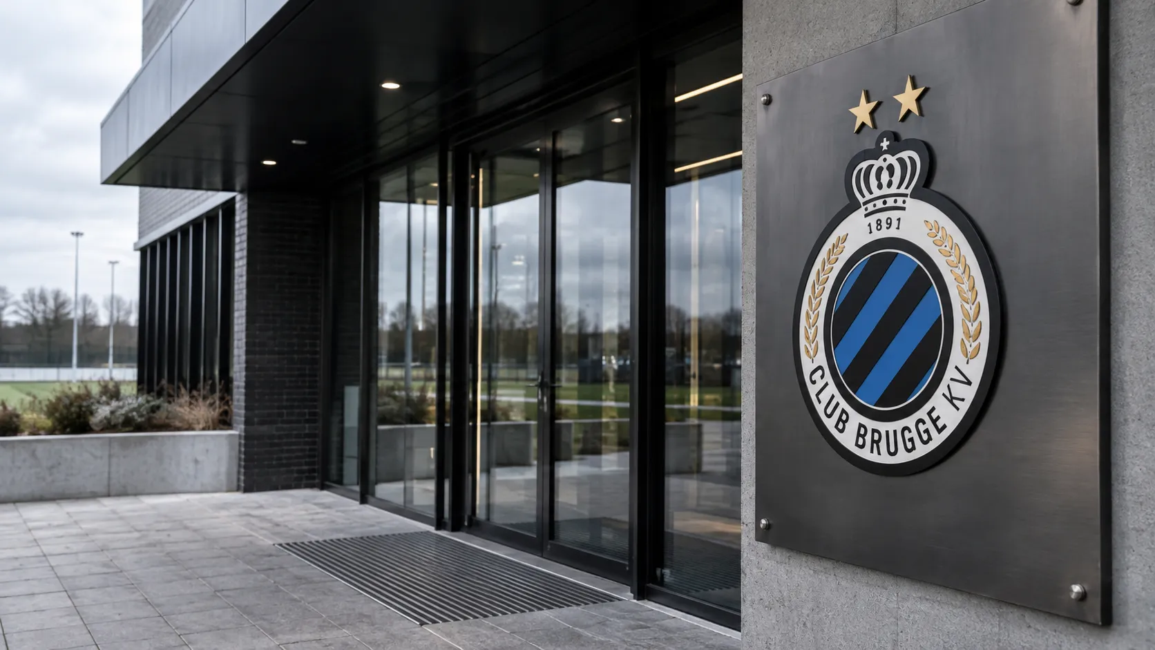 Lege ingang van een Club Brugge-clubgebouw met een clubembleem op een metalen gevelplaat.