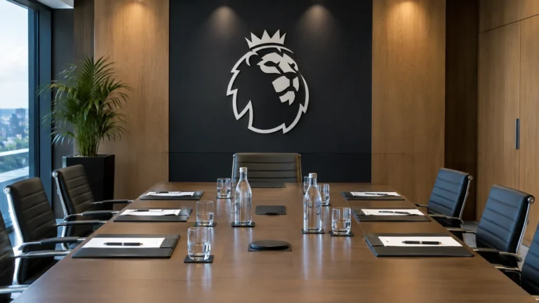 Lege formele vergaderzaal met een Premier League-embleem op een wandpaneel.