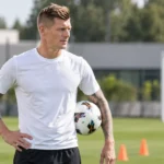 Toni Kroos in neutrale sportkleding op het trainingsveld van zijn voetbalacademie in Boadilla.