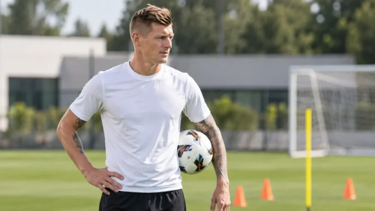 Toni Kroos in neutrale sportkleding op het trainingsveld van zijn voetbalacademie in Boadilla.
