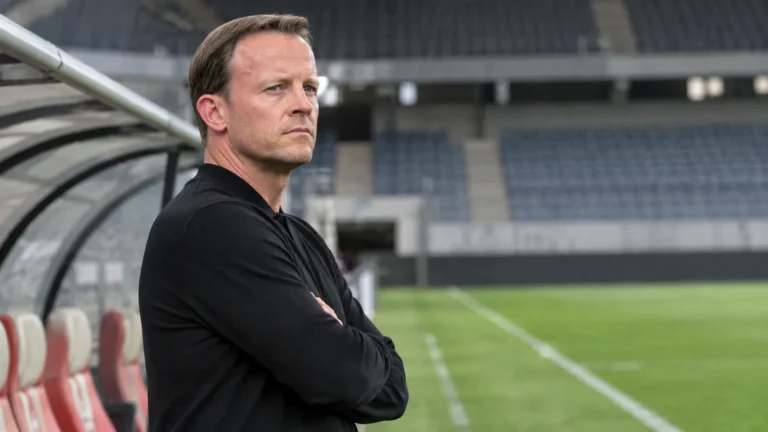 Vincent Euvrard in zwarte coachkleding aan de technische zone voor een wedstrijd.