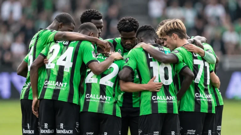 Een groep voetballers in groen-zwarte tenues vormt na de wedstrijd een hechte kring op het veld.